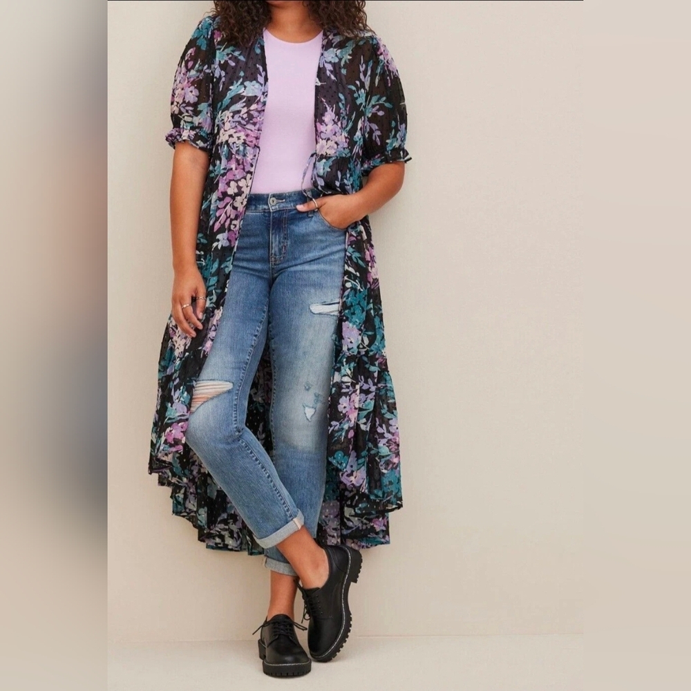 Torrid Ruffle Kimono Chiffon Clip Dot Floral Black Top 3X - Picture 6 of 16